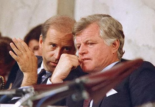 Senate Judiciary Chairman Joseph Biden Jr., of Delaware, left, speaks with Sen. Edward Kennedy, D-Mass., during the confirmations hearings for Supreme Court nominee Robert H. Bork on Capitol Hill in Washington, Sept. 16, 1987. During the hearing Biden focused his questioning on Griswold v. Connecticut, a 1965 decision that allowed married couples to buy birth control. “If we tried to make this a referendum on abortion rights, for example, we’d lose," he wrote in his 2007 memoir, “Promises 