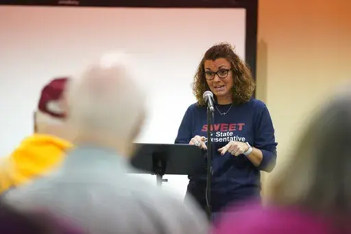 Christian conservative, Lorissa Sweet speaks during a rally, Thursday, April 28, 2022, in Warren, Ind. Sweet found herself increasingly frustrated with Republicans in the Indiana Statehouse who she said were too willing to compromise on such issues as abortion and gun rights. (AP Photo/Darron Cummings)