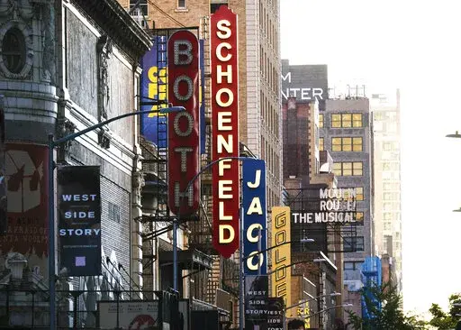 FILE - Theater's line 45th Street in New York on May 13, 2020. As Broadway reopens this fall, proof of full vaccination are required for entry and masks are mandated while moving through the theater. (Photo by Evan Agostini/Invision/AP, File)