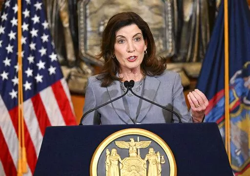 New York Gov. Kathy Hochul speaks to reporters about legislation passed during a special legislative session in the Red Room at the state Capitol, Friday, July 1, 2022, in Albany, N.Y. (AP Photo/Hans Pennink)