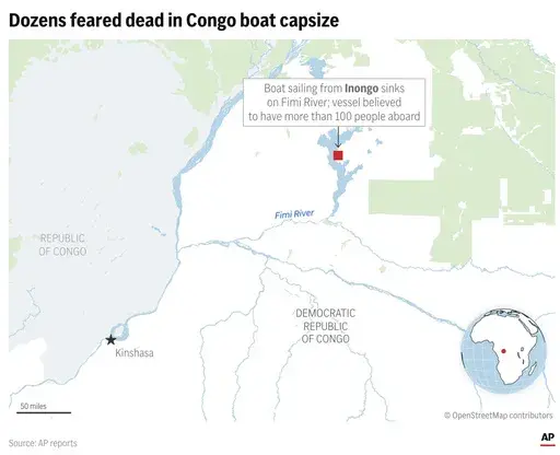 A vessel believed to be overcrowded capsized as it made its way along the Fimi River, the latest such tragedy to strike Congo. (AP Graphic)