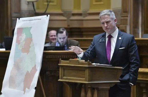 State Sen. John Kennedy, R-Macon, presents the newly-drawn congressional maps in the Senate Chambers during a special session at the Georgia State Capitol in Atlanta, Friday, Nov. 19, 2021. A federal judge ruled Thursday, Oct. 26, 2023, that some of Georgia's congressional, state Senate and state House districts were drawn in a racially discriminatory manner, ordering the state to draw an additional Black-majority congressional district. (Hyosub Shin/Atlanta Journal-Constitution via AP)
