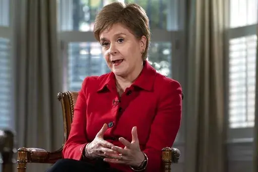 The First Minister of Scotland, Nicola Sturgeon, is interviewed, Tuesday, May 17, 2022, in Washington. Sturgeon spoke to the Associated Press Tuesday on her first US visit since the COVID lockdown. (AP Photo/Jacquelyn Martin)