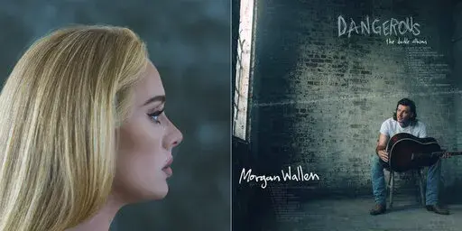This combination of album covers shows "30" by Adele, left, and “Dangerous: The Double Album,” by Morgan Wallen. Adele’s album “30” recorded the highest album sales debut in four years and Wallen’s “Dangerous: The Double Album” ended 2021 as both the top country album of the year and the most popular album across all genres, with 3.2 million equivalent album units earned during the year.  (Columbia Records, left, and Big Loud Records-Republic Records via AP)
