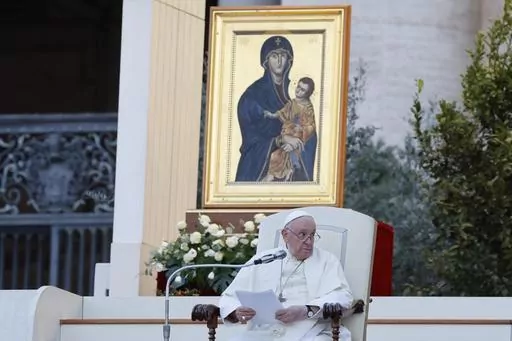 Pope Francis, sitting in front of a replica of the icon 'Maria Salus populi romani'', addresses the participants into "Together", a vigil prayer for the Synod of Bishops with church leaders in St. Peter's Square at The Vatican, Saturday, Sept. 30, 2023, three days ahead of the official opening of the XVI Assembly of the Synod of Bishops on 4 October. Pope Francis is convening a global gathering of bishops and laypeople to discuss the future of the Catholic Church, including some hot-button issue