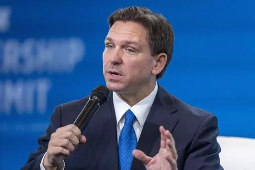 Florida Gov. Ron DeSantis speaks at the Heritage Foundation 50th Anniversary Celebration leadership summit, Friday, April 21, 2023, in Oxon Hill, Md. (AP Photo/Alex Brandon, File)