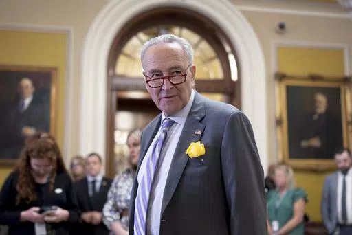 Senate Majority Leader Chuck Schumer, D-N.Y., pauses before talking with reporters after a meeting with fellow Democrats, at the Capitol in Washington, Tuesday, June 4, 2024. Senate Democrats are holding a vote to move forward with legislation designed to protect women’s access to contraception. The test vote on Wednesday comes as the Senate has abandoned hopes for doing serious bipartisan legislation before the election and as Senate Majority Leader Chuck Schumer and Democrats are trying to i