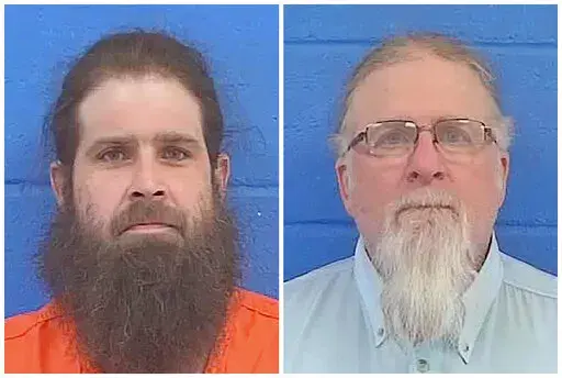 This combination of booking photos provided by Lincoln County Sheriff's Department show Brandon Case, left, and his father Gregory Charles Case on Feb. 1, 2022. The father and son were re-arrested Friday, Nov. 18 and have been indicted by a grand jury after allegedly chasing and shooting at a Black FedEx driver in January after he dropped off a package in a Mississippi city. (Lincoln County Sheriff's Department via AP)
