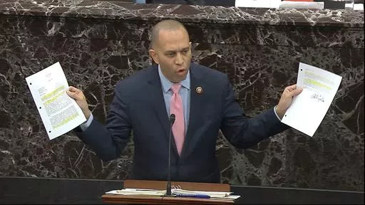 In this image from video, House impeachment manager Rep. Hakeem Jeffries, D-N.Y., answers a question during the impeachment trial against President Donald Trump in the Senate at the U.S. Capitol in Washington, Jan. 29, 2020. (Senate Television via AP, File)