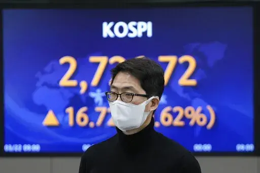 A currency trader walks near the screen showing the Korea Composite Stock Price Index (KOSPI) at a foreign exchange dealing room in Seoul, South Korea, Wednesday, March 23, 2022. Asian shares rose Wednesday, following a rally on Wall Street led by technology companies, although investors remain concerned about the war in Ukraine and inflation. (AP Photo/Lee Jin-man)