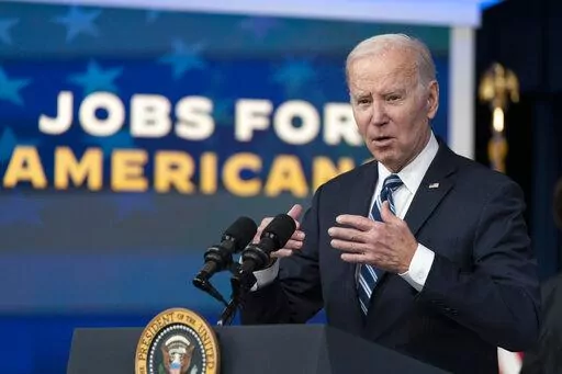 President Joe Biden speaks on the January jobs report in the Eisenhower Executive Office Building on the White House complex, Friday, Feb. 3, 2023, in Washington. Going into Tuesday's State of the Union address, Biden sees a nation with its future aglow. Republicans take a far bleaker view. (AP Photo/Manuel Balce Ceneta, File)