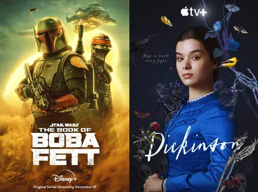 This combination of photos shows promotional art for "The Book of Boba Fett," a series premiering Dec. 29 on Disney+, left, and "Dickinson," for which the final episode of season three airs Dec. 24 on Apple TV+. (Disney+/Apple TV+ via AP)