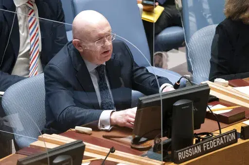 Vasily Nebenzya, Russian ambassador to the United Nations, speaks during a meeting of the security council, Monday, Feb. 28, 2022, at United Nations headquarters. (AP Photo/John Minchillo)