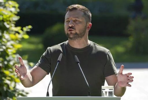 Ukrainian President Volodymyr Zelenskyy speaks at a news conference in Kyiv, Ukraine, on July 28, 2022. Ukraine’s president has hinted last Monday, Nov. 7, 2022, at the possibility of peace talks with Russia, a shift from his earlier refusal to negotiate with President Vladimir Putin. (AP Photo/Efrem Lukatsky, File)