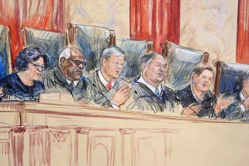 This artist sketch depicts, from left, Associate Justice Sonia Sotomayor, Associate Justice Clarence Thomas, Chief Justice of the United States John Roberts, Associate Justice Samuel Alito, and Associate Justice Elena Kagan at the Supreme Court during arguments over whether former President Donald Trump is immune from prosecution in a case charging him with plotting to overturn the results of the 2020 presidential election, on Capitol Hill in Washington, Thursday, April 25, 2024. (Dana Verkouter