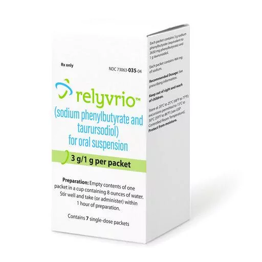 This image provided by Amylyx Pharmaceuticals shows the drug Relyvrio. The much-debated drug for Lou Gehrig’s disease won approval by the U.S. Food and Drug Administration on Thursday, Sept. 29, 2022, a long-sought victory for patients that is likely to renew questions about the scientific rigor behind government reviews of experimental medicines. (Amylyx Pharmaceuticals via AP)