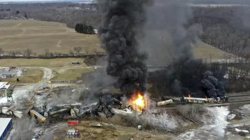 This photo taken with a drone shows portions of a Norfolk and Southern freight train that derailed Friday night in East Palestine, Ohio are still on fire at mid-day Saturday, Feb. 4, 2023. Soon after the train derailed and spilled toxic chemicals in Ohio last month, anonymous pro-Russian accounts started spreading misleading claims and anti-American propaganda about it on Twitter, using Elon Musk's new verification system to expand their reach while creating the illusion of credibility. (AP Phot