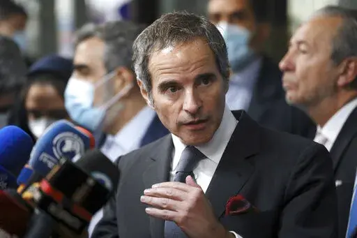 International Atomic Energy Organization, IAEA, Director General Rafael Mariano Grossi speaks during a joint press briefing with head of the Atomic Energy Organization of Iran Mohammad Eslami in Tehran, Saturday, March 5, 2022. Grossi met Saturday with Iranian officials as talks in Vienna over Tehran's tattered atomic deal with world powers appear to be reaching their end. (AP Photo/Vahid Salemi)