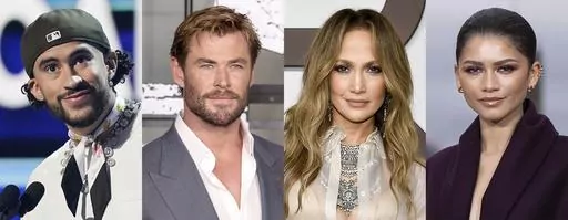 This combination of photos shows, from left, Bad Bunny, Chris Hemsworth, Jennifer Lopez and Zendaya, will join Anna Wintour as co-chairs of this year’s Met Gala. (AP Photo)