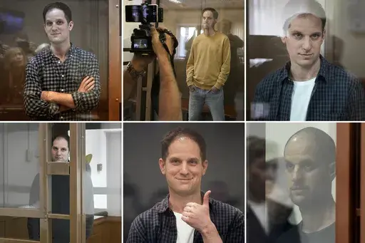 This combination of photos shows Wall Street Journal reporter Evan Gershkovich at the Moscow City Court in Moscow and the Sverdlovsk Regional Court in Yekaterinburg, from top left to right, on April 18, 2023, Sept. 19, 2023, Oct. 10, 2023, and from bottom left to right, on Dec. 14, 2023, April 23, 2024, July 19, 2024. A Russian court convicted Gershkovich on espionage charges that his employer and the U.S. have rejected as fabricated. He was sentenced to 16 years in prison Friday, July 19, after