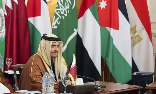 Qatar's prime minister and foreign minster Mohammed Bin Abdulrahman Al Thani attend sa meeting of Arab League foreign ministers in Cairo, Egypt, Saturday, Feb. 1, 2025. (AP Photo/Khaled Elfiqi)