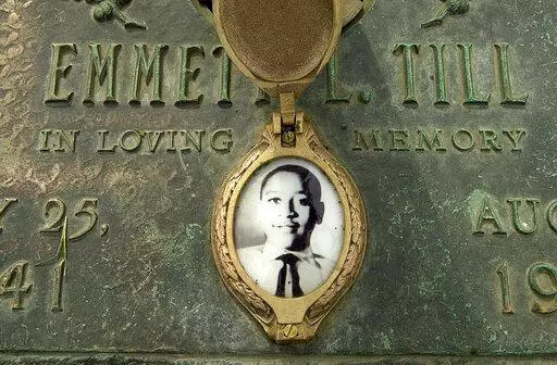 In this May 4, 2005 file photo, Emmett Till's photo is seen on his grave marker in Alsip, Ill. Legislation that would make lynching a federal hate crime in the U.S. is expected to be signed into law next week by President Joe Biden. The Emmett Till Anti-Lynching Act was years in the making. (Robert A. Davis/Chicago Sun-Times via AP, File)