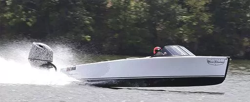This photo provided by Jeff Helmkamp/LakeExpo shows Vision Marine Technologies' Vision Marine Bruce 22 boat with one of their E-Motion motors. The electric boat is capable of reaching speeds of 49 mph. (Jeff Helmkamp/LakeExpo via AP)
