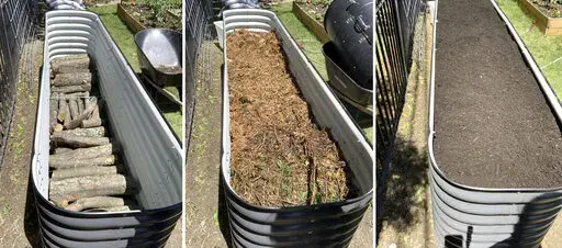 This combination of images provided by Adrianna Birnbaum show a base layer of logs used in creating a raised Hugulkultur bed, from left, a layer of garden debris and twigs used in creating a raised Hugulkultur bed and a completed raised Hugulkultur bed. (Adrianna Birnbaum/rootedheartgarden.com via AP)