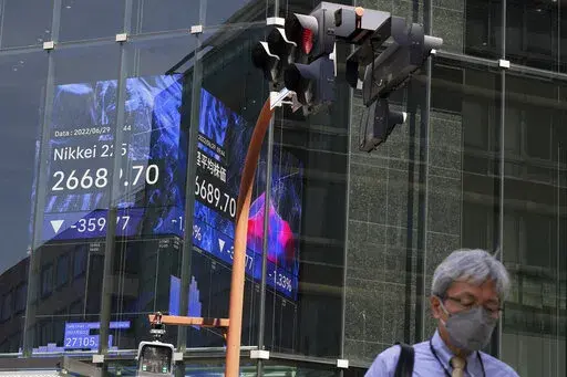 A person wearing a protective mask walks in front of an electronic stock board showing Japan's Nikkei 225 index Wednesday, June 29, 2022, in Tokyo. Shares fell Wednesday in Asia after another broad decline on Wall Street as markets remain gripped by uncertainty over inflation, rising interest rates and the potential for a recession. (AP Photo/Eugene Hoshiko)