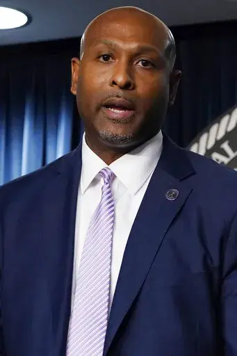 Mississippi Highway Patrol Lt. Col. Charles Haynes, speaks to reporters about becoming the new director of the Mississippi Bureau of Investigation, Wednesday, May 18, 2022, in Jackson, Miss. (AP Photo/Rogelio V. Solis)