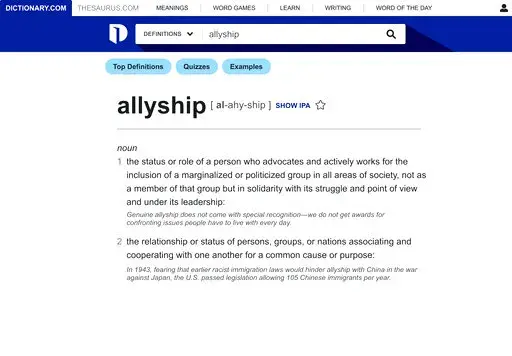 This screen image released by Dictionary.com shows an entry for allyship, named Dictionary.com's word of the year. (Dictionary.com via AP)