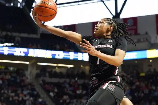 South Carolina guard Zia Cooke (1) leaps for a layup-attempt during the first half of an NCAA college basketball game against Mississippi in Oxford, Miss., Sunday, Feb. 19, 2023. (AP Photo/Rogelio V. Solis)