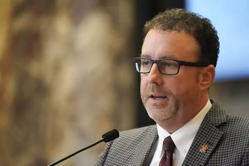 Mississippi Sen. David Parker, R-Olive Branch, speaks during a debate at the state Capitol, Feb. 7, 2023, in Jackson, Miss. For the second year in a row, the Mississippi Senate has passed a bill that would transfer control of the state capital's troubled water system to a regional board. Parker introduced a slightly modified version of the bill after it died in the House last session. (AP Photo/Rogelio V. Solis, File)