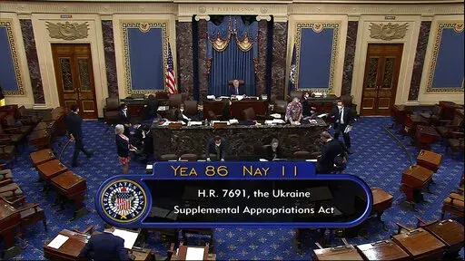 This image from Senate Television video shows the final vote of 86-11 as the Senate overwhelmingly approved a $40 billion infusion of military and economic aid for Ukraine and its allies on Thursday, May 19, 2022, in Washington, as both parties rallied behind America's latest, and quite possibly not last, financial salvo against Russia's invasion. (Senate Television via AP)