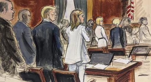 In this courtroom sketch, prospective jurors file into the courtroom as Donald Trump, third left, stands surrounded by his defense team. Alina Habba, fourth left, Trump's lead defense attorney, stands beside him. E. Jean Carroll, background second from right, stands with her attorney Roberta Kaplan, Tuesday, Jan. 16, 2024, in New York. (AP Photo/Elizabeth Williams)