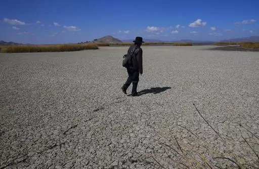 An Aymara man walks on the dry cracked bed of Lake Titicaca, in Huarina, Bolivia, Thursday, July 27, 2023. The lake's low water level is having a direct impact on the local flora and fauna and is affecting local communities that rely on the natural border between Peru and Bolivia for their livelihood. (AP Photo/Juan Karita)