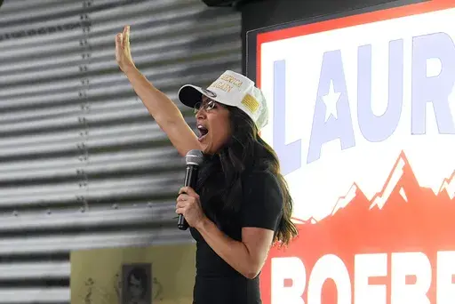 U.S. Congresswoman Lauren Boebert, R-Colo., speaks to reporters during a primary election watch party Tuesday, June 25, 2024, in Windsor, Colo. (AP Photo/David Zalubowski)