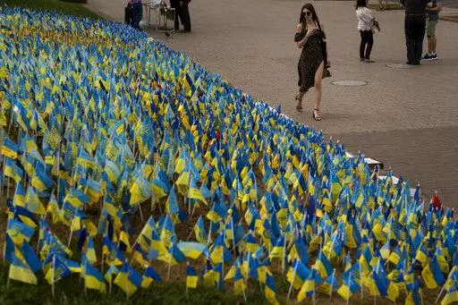 Ukrainian flags to honor soldiers killed fighting Russian troops, are placed in a garden in Kiev's Independence Square, Ukraine, Sunday, Aug. 28, 2022. (AP Photo/Emilio Morenatti)