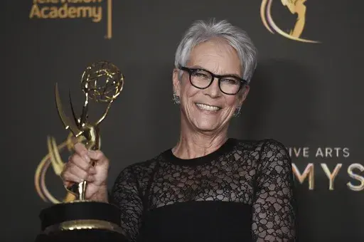 Jamie Lee Curtis poses with her award for outstanding guest actress in a comedy series for “The Bear” on night two of the Creative Arts Emmy Awards on Sunday, Sept. 8, 2024, in Los Angeles. (Photo by Richard Shotwell/Invision/AP)