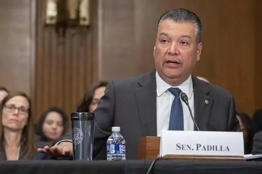 Sen. Alex Padilla, D-Calif., speaks during a Senate Health, Education, Labor and Pensions confirmation hearing on April 20, 2023, in Washington. Prominent Latinos in Congress looked on quietly, at first, privately raising concerns with the Biden administration over the direction of border security talks. Padilla was on the phone constantly with administration officials questioning why the Senate negotiations did not include any meaningful consideration of providing pathways to citizenship for lo