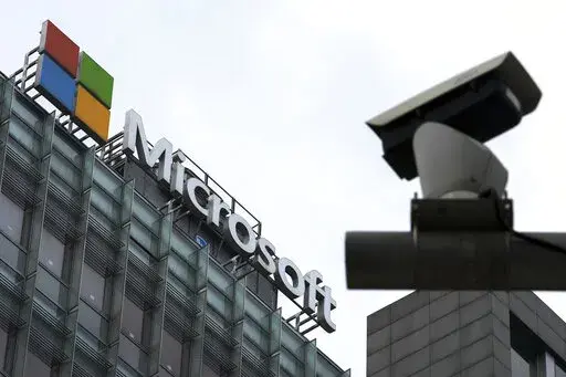 A security surveillance camera is seen near the Microsoft office building in Beijing, July 20, 2021. Coinciding with unrelenting cyberattacks against Ukraine, state-backed Russian hackers have engaged in “strategic espionage” against governments, think tanks, businesses and aid groups in 42 countries supporting Kyiv, Microsoft says in a new report.   (AP Photo/Andy Wong, File)