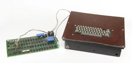 This photo provided by RR Auction shows a vintage Apple computer built in the 1970s and signed by company co-founder Steve Wozniak. It is being sold at auction in Boston. The Apple-1 set in motion the company that in June became the first publicly traded company to close a trading day with a $3 trillion market value. (Nikki Brickett/RR Auction via AP)