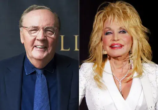 Author James Patterson appears at an event to promote his novel in New York on June 5, 2018, left, and Dolly Parton performs in concert on July 31, 2015, in Nashville, Tenn. The pair completed a project with words and music, “Run, Rose, Run,” an Amazon.com bestseller even before publication, and the work of fiction to arrive with an accompanying soundtrack. (AP Photo)