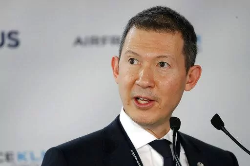 CEO of Air France-KLM Benjamin Smith speaks during a press conference at Roissy airport, north of Paris, Tuesday, May 18, 2021. The chief of airline alliance Air France-KLM said Thursday June 23, 2022 that it will take weeks or months to get new security staff in place to lighten pressure on the Amsterdam airport, which has seen flight cancellations, huge delays and big travel headaches as global air travel rebounds. (AP Photo/Christophe Ena, File)