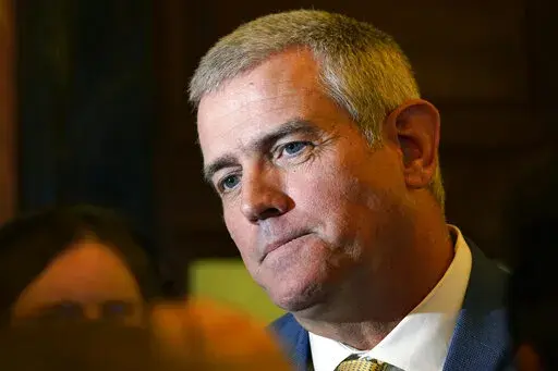  House Speaker Philip Gunn, R-Clinton speaks to reporters following adjournment on the first day of the legislative session at the Capitol in Jackson, Miss., Jan. 4, 2022. Gunn favors the complete elimination of state personal income tax, reduction of the grocery tax and an increase of the state sales tax on most items. (AP Photo/Rogelio V. Solis, File)