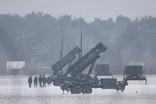 Patriot missile launchers acquired from the U.S. last year are seen deployed in Warsaw, Poland, on Feb. 6, 2023. Ukraine’s defense minister said Wednesday April 19, 2023 his country has received U.S-made Patriot surface-to-air guided missile systems it has long craved and which Kyiv hopes will help shield it from Russian strikes during the war. (AP Photo/Michal Dyjuk, File)