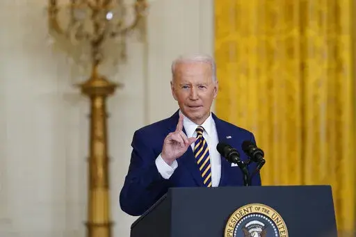 President Joe Biden speaks during a news conference in the East Room of the White House in Washington, Wednesday, Jan. 19, 2022. Biden ends his first year in the White House with a clear majority of Americans for the first time disapproving of his handling of the presidency in the face of an unrelenting pandemic and roaring inflation. That's according to a new poll from The Associated Press-NORC Center for Public Affairs Research. (AP Photo/Susan Walsh)