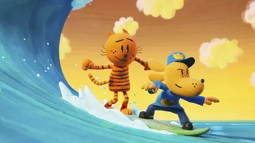 This image released by Universal Pictures shows Petey, voiced by Pete Davidson, left, and Dog Man, voiced by Peter Hastings in a scene from DreamWorks Animation's "Dog Man." (Universal Pictures/DreamWorks Animation via AP)