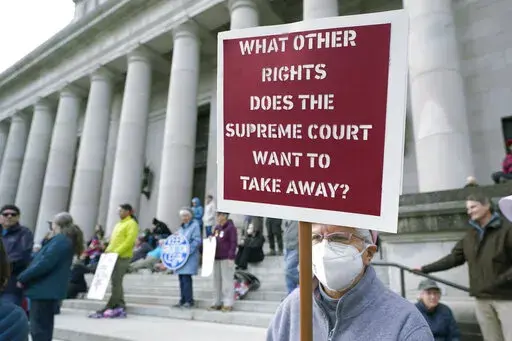 A person holds a sign referencing the U.S. Supreme Court as they take part in a rally in favor of abortion rights on the steps of the Temple of Justice, which houses the Washington state Supreme Court, Tuesday, May 3, 2022, at the Capitol in Olympia, Wash. (AP Photo/Ted S. Warren, File)