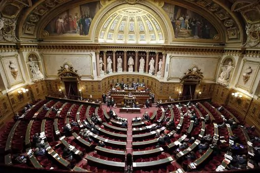 This Thursday, Dec. 11, 2014 file photo shows a general view of France's Senate prior to a vote on the recognition of a Palestinian state, Paris. France's Senate is to vote on Wednesday on a bill meant to enshrine a woman's right to an abortion in the French Constitution, a measure promised by President Emmanuel Macron following a rollback on rulings in the United States. (AP Photo/Francois Mori, File)